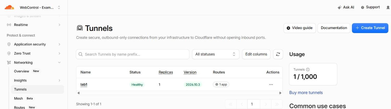 Cloudflare Networking, Tunnels: one tunnel called lab1, status Healthy, with the page description Create secure, outbound-only connections from your infrastructure to Cloudflare without opening inbound ports.