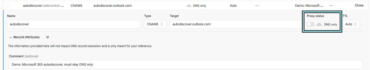 Editing the autodiscover CNAME pointing to autodiscover.outlook.com: the Proxy status switch is off (DNS only), highlighted, with a comment saying it must stay DNS only.