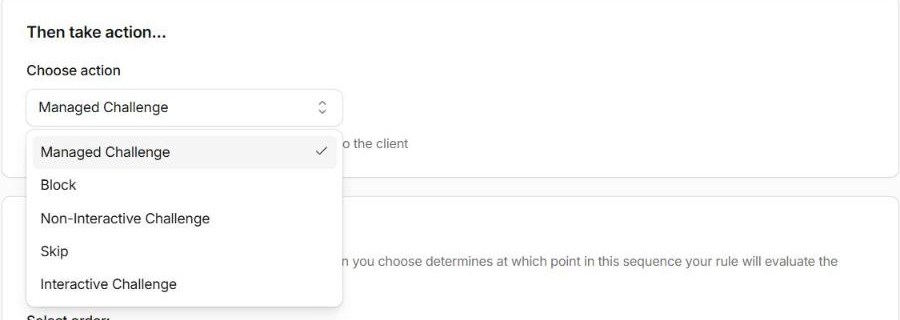 The Choose action dropdown on a Cloudflare custom rule, open, listing Managed Challenge (selected), Block, Non-Interactive Challenge, Skip and Interactive Challenge.