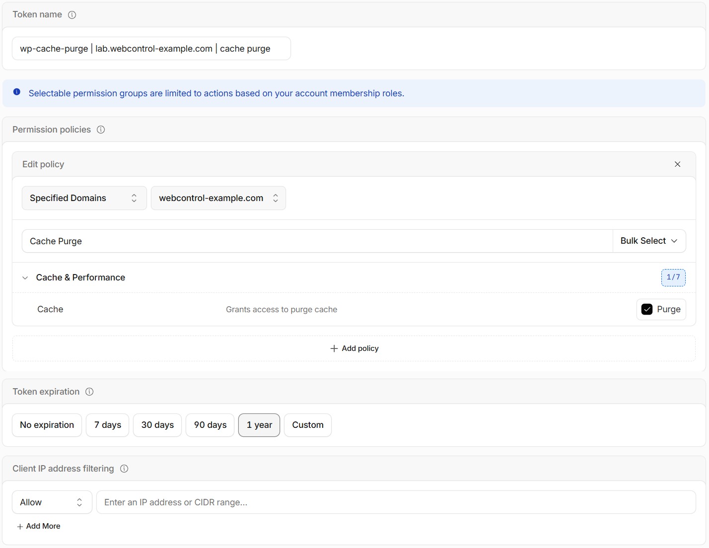 Create a token form: name wp-cache-purge | lab.webcontrol-example.com | cache purge, permission Cache Purge limited to one domain, expiry one year, and the client IP filter.