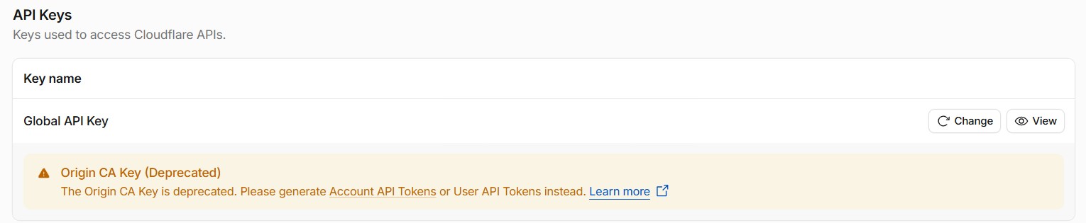 My Profile, API Tokens page, API Keys section: the Global API Key row with Change and View buttons, and a note that the Origin CA Key is deprecated.