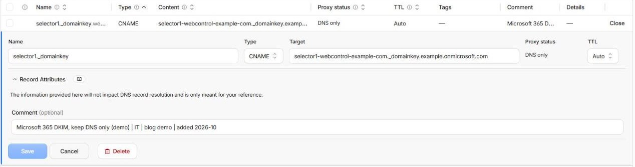 Editing a DNS record: selector1._domainkey CNAME, DNS only, with the comment Microsoft 365 DKIM, keep DNS only (demo) | IT | blog demo | added 2026-10.