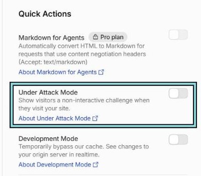Quick Actions on the domain overview page, with the Under Attack Mode switch highlighted.
