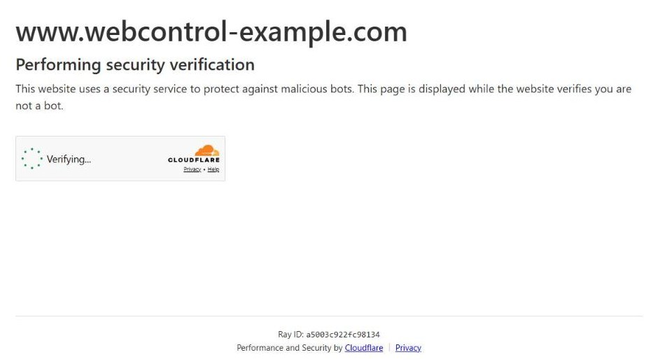 The page visitors see while Under Attack Mode is on: the site name, Performing security verification, and a Cloudflare Verifying box.