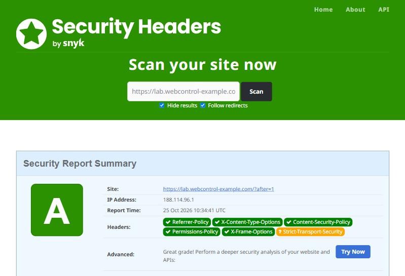 securityheaders.com report after adding the headers: grade A, with five headers green and Strict-Transport-Security amber.