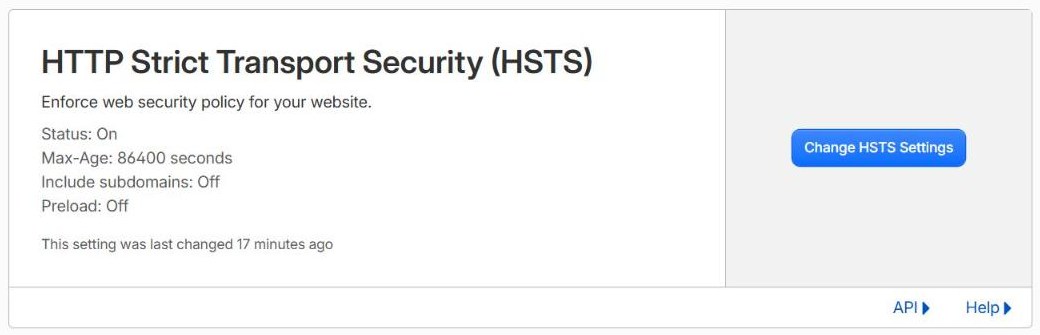SSL/TLS Edge Certificates, HTTP Strict Transport Security: status on, max-age 86400 seconds, include subdomains off, preload off.