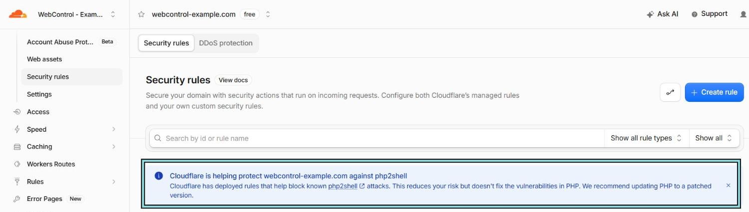 Cloudflare Security rules page with a highlighted banner: Cloudflare is helping protect the domain against php2shell, and recommends updating PHP to a patched version.