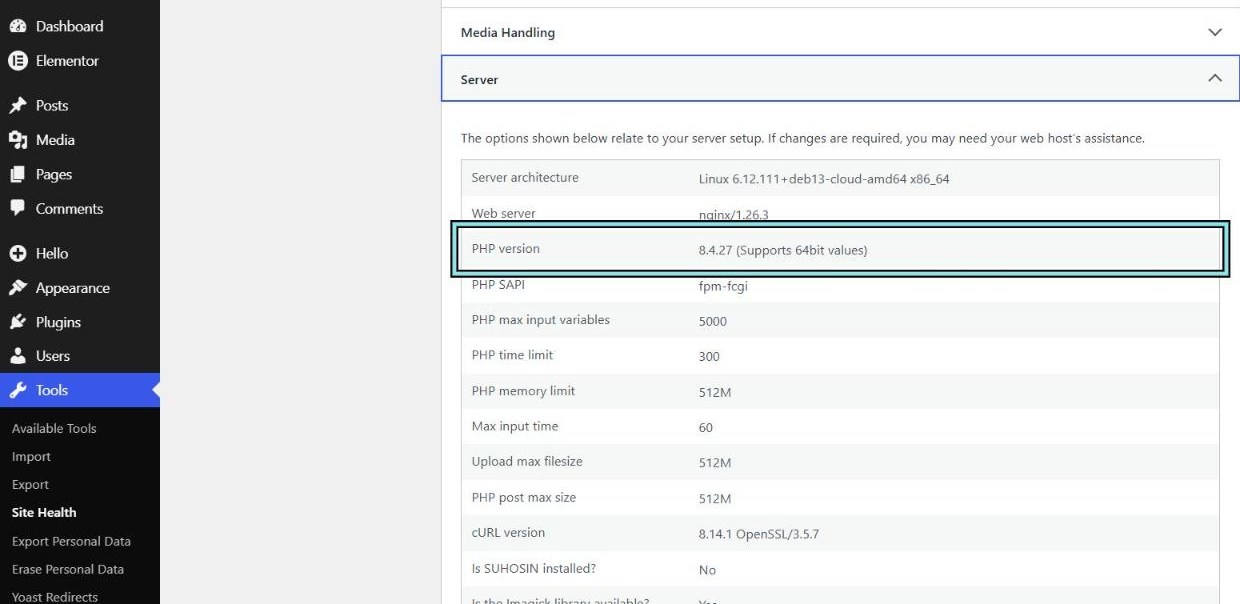 WordPress Tools, Site Health, Info, Server section, with the PHP version row (8.4.27) highlighted.