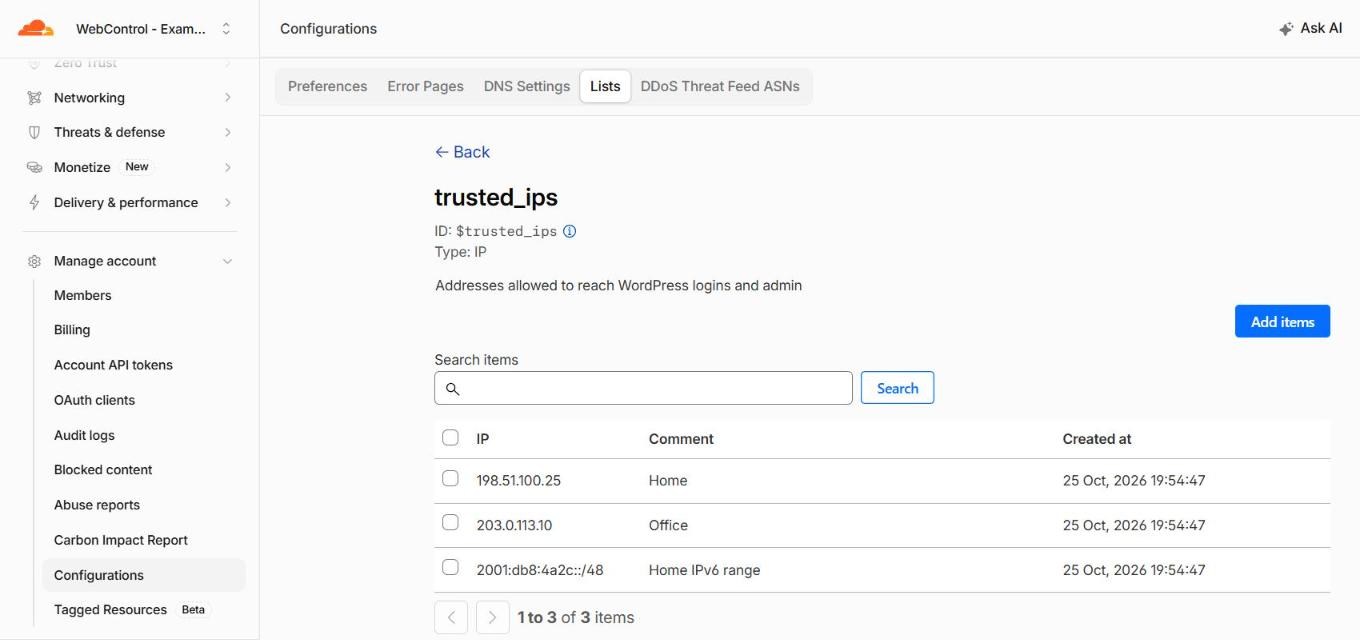 Cloudflare dashboard, Manage account, Configurations, Lists: an IP list called trusted_ips with three entries (an office address, a home address and a home IPv6 range).