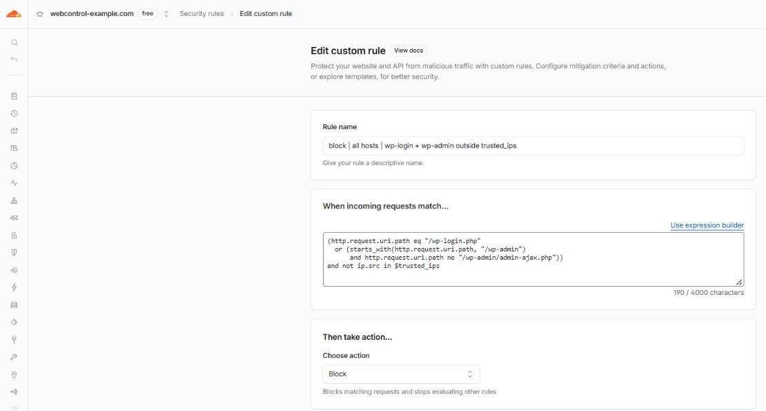 Edit custom rule: the expression blocking /wp-login.php and /wp-admin except admin-ajax.php for anyone not in $trusted_ips, with the action set to Block.