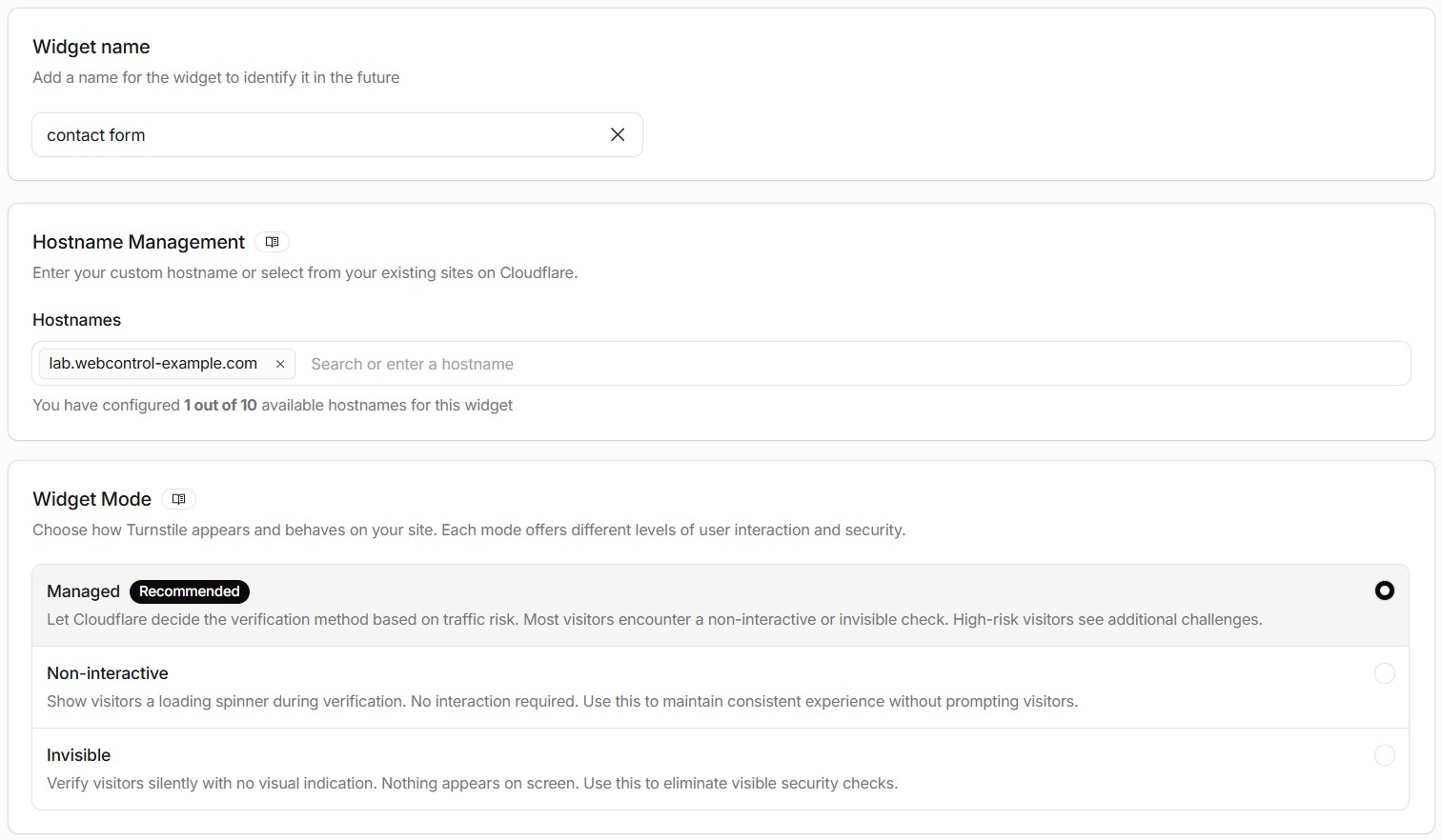 Add Widget form filled in: widget name contact form, hostname lab.webcontrol-example.com, and widget mode Managed (Recommended), with Non-interactive and Invisible.