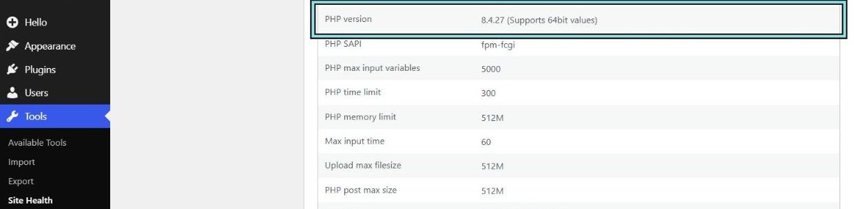 WordPress Tools, Site Health, Info, Server section, with the PHP version row (8.4.27) highlighted.