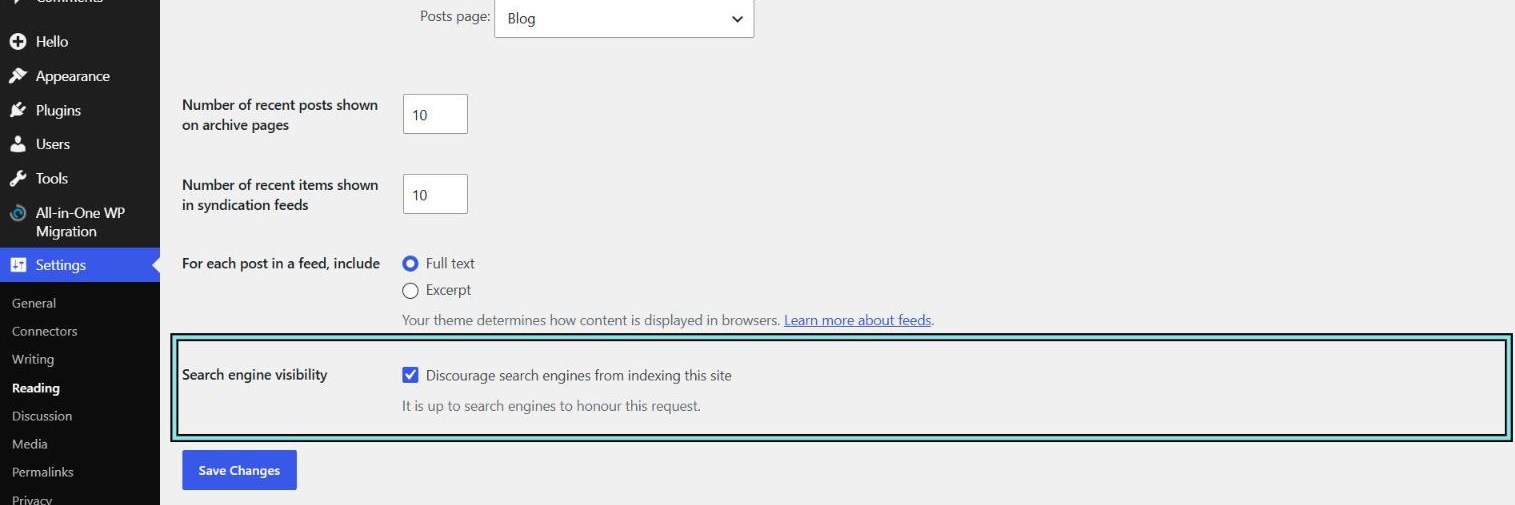 WordPress Settings, Reading: Search engine visibility with Discourage search engines from indexing this site ticked, highlighted, and the note It is up to search engines to honour this request.
