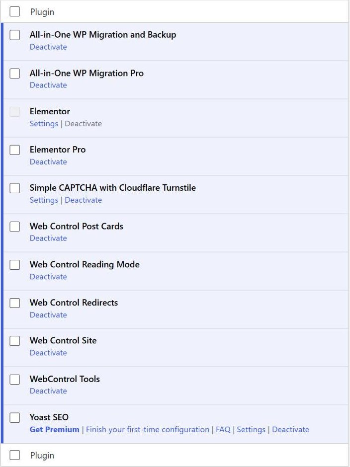 WordPress Plugins page, plugin names only, listing 11 plugins: All-in-One WP Migration and its Pro extension, Elementor, Elementor Pro, Simple CAPTCHA with Cloudflare Turnstile, five Web Control plugins (Post Cards, Reading Mode, Redirects, Site, Tools) and Yoast SEO.